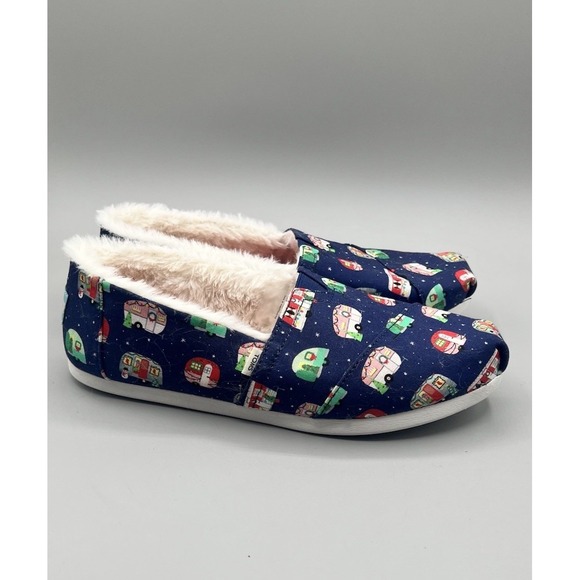 Toms Shoes - Toms X Paper Source Alparhata Blue Holiday Camper Faux Fur Slip-On Flats 7.5 NEW